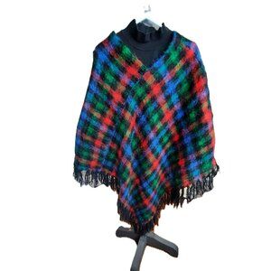 Vintage Boho Mohair over-the-head  poncho, v-neck, woven vibrant tartan colours